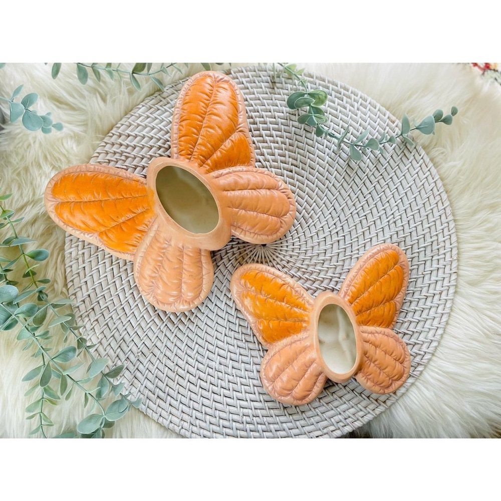 Set of 2 Vintage Retro Hand Painted Ceramic Quilted Look Butterfly Wall Hangings - Picture 2 of 4
